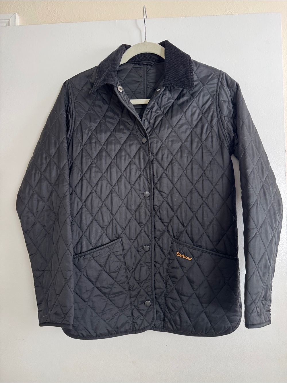 Barbour Quilted Black Jacket with Corduroy Collar Liddesdale
